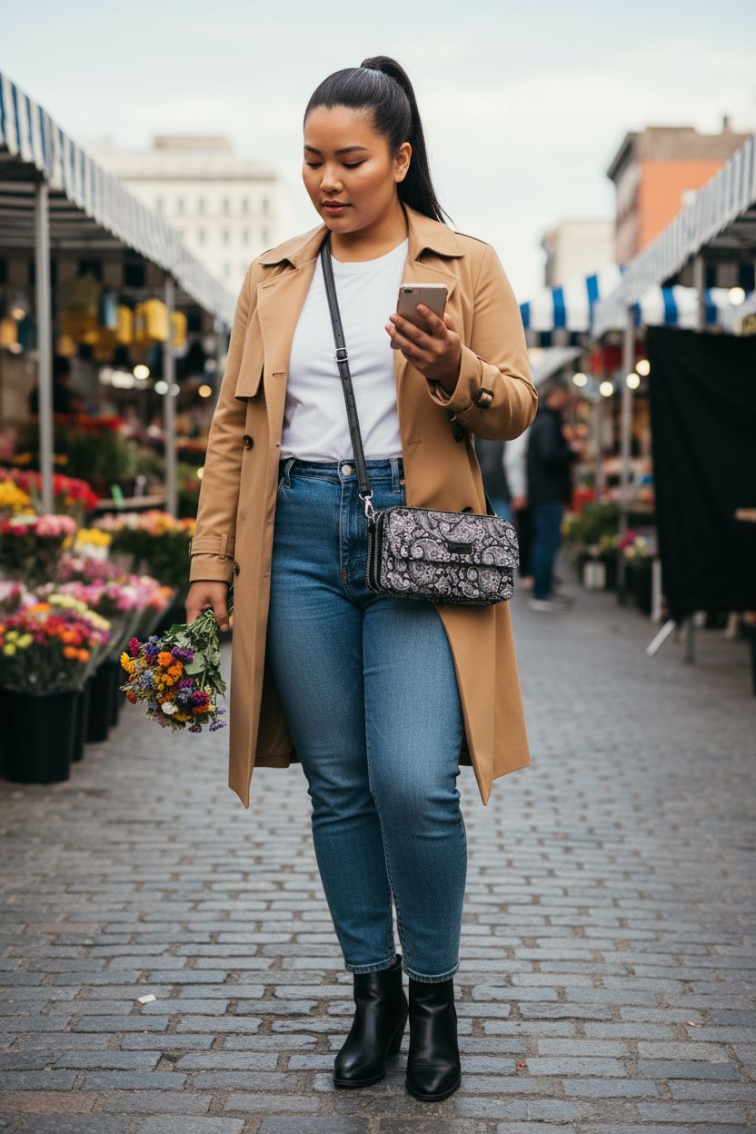 Trendy black-and-white paisley crossbody bag by Lanyani against a camel trench coat and jeans.
