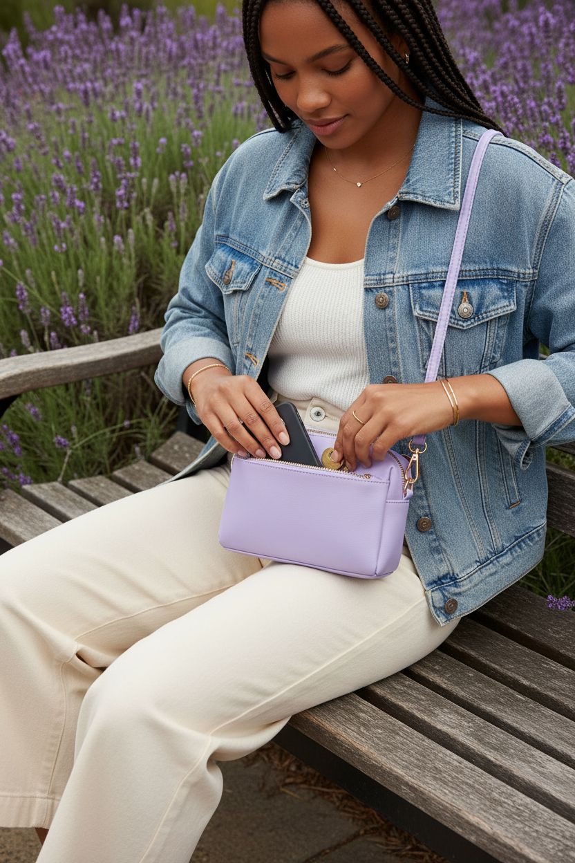 VOROLO small leather crossbody purse with phone and keys on a park bench