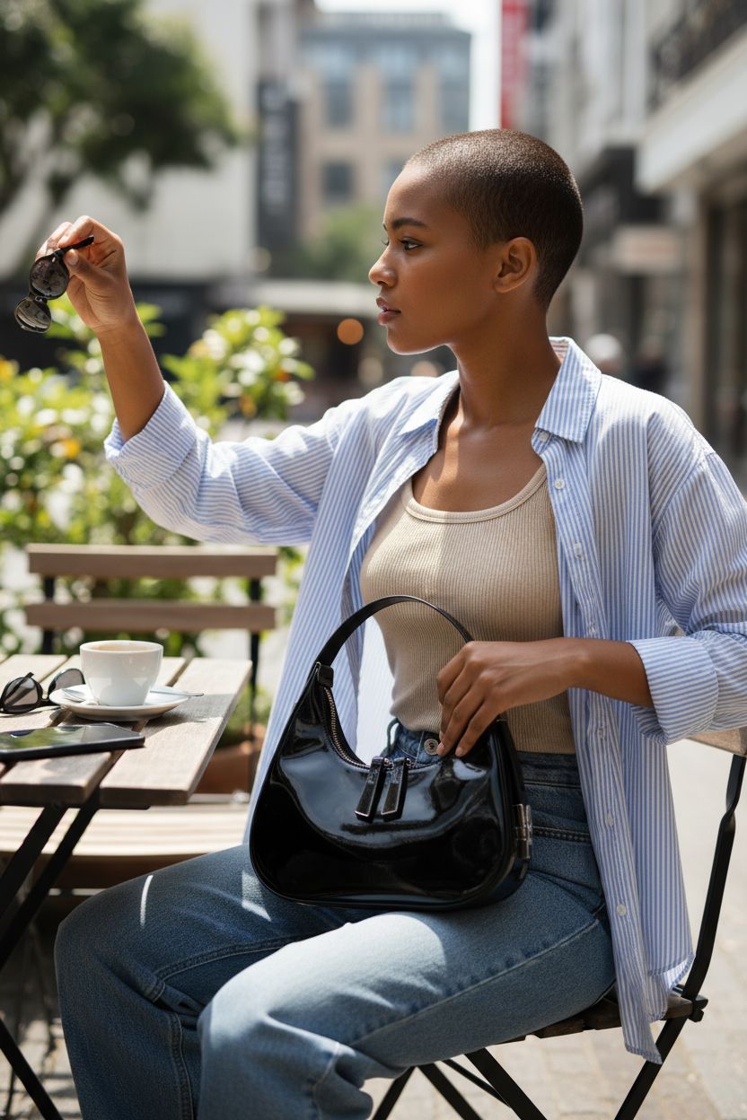 Homsunyi black patent leather crescent purse on a café terrace with stylish props.