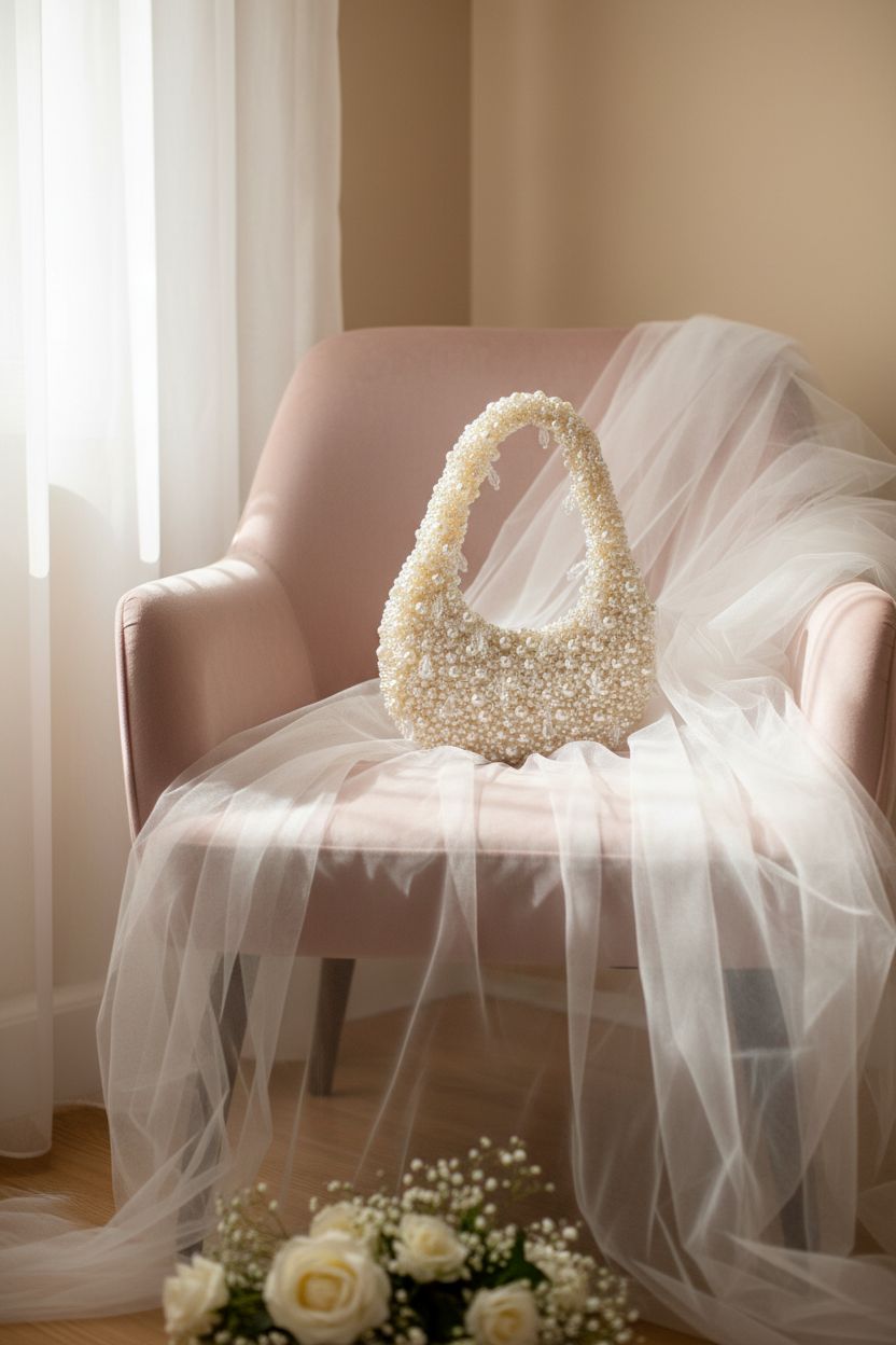 Rungion pearl shoulder bag rests elegantly on a blush velvet chair, creating a romantic vibe.
