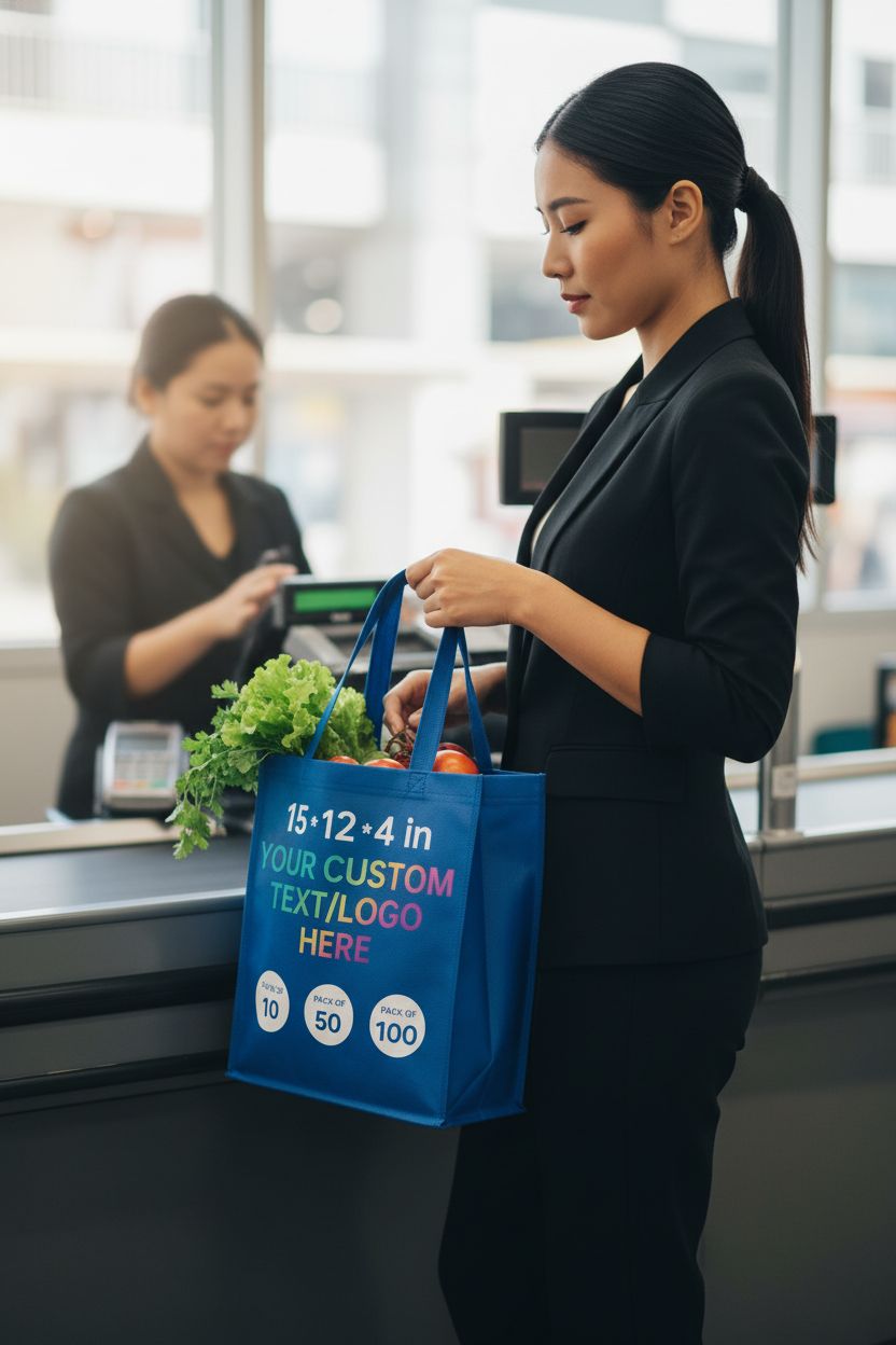Deep blue JEOHLORY tote bag with a personalized logo at a grocery checkout, filled with produce.