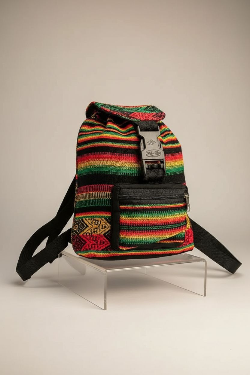Mia Jewel Shop's handmade Peruvian mini backpack displayed in studio lighting