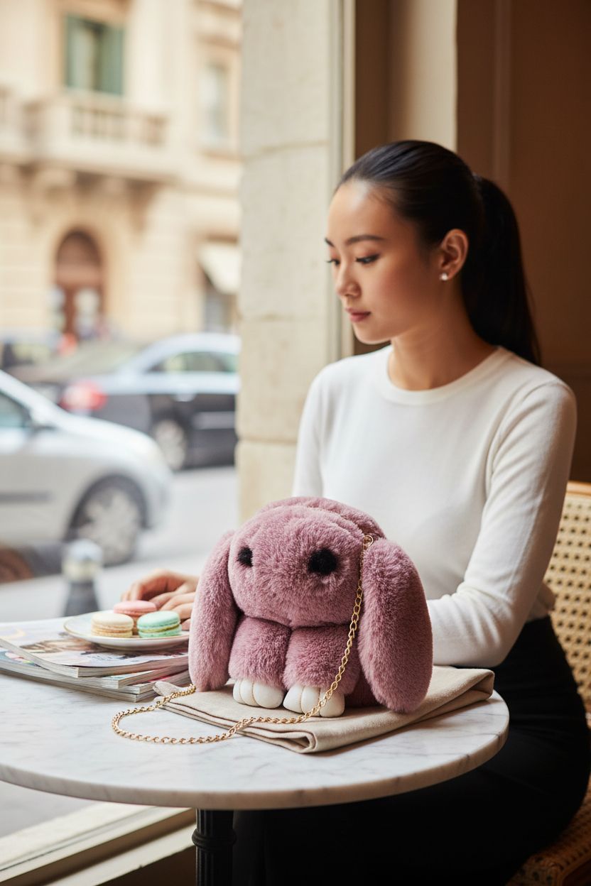 Cozy setting with JIAHG pink bunny purse on marble table, showcasing its fluffy details.