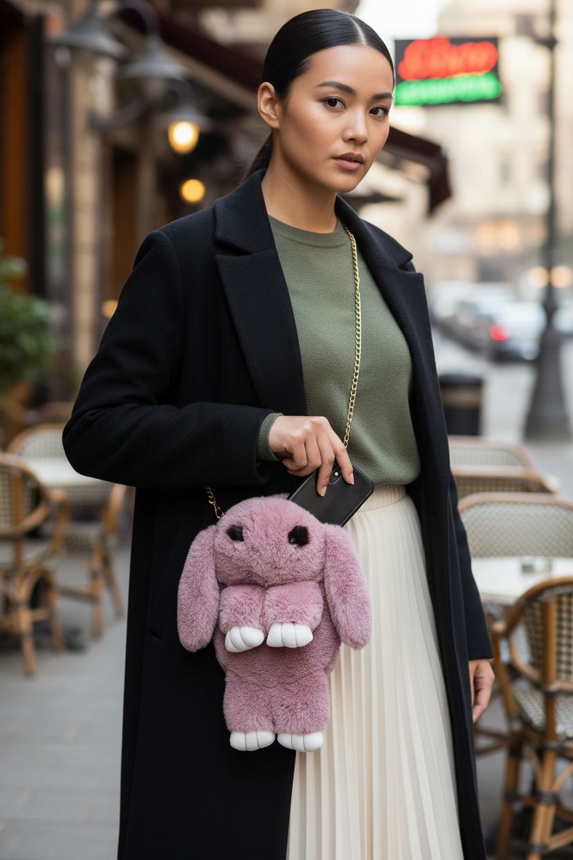 JIAHG pink bunny purse with floppy ears and gold chain, perfect for casual outings.
