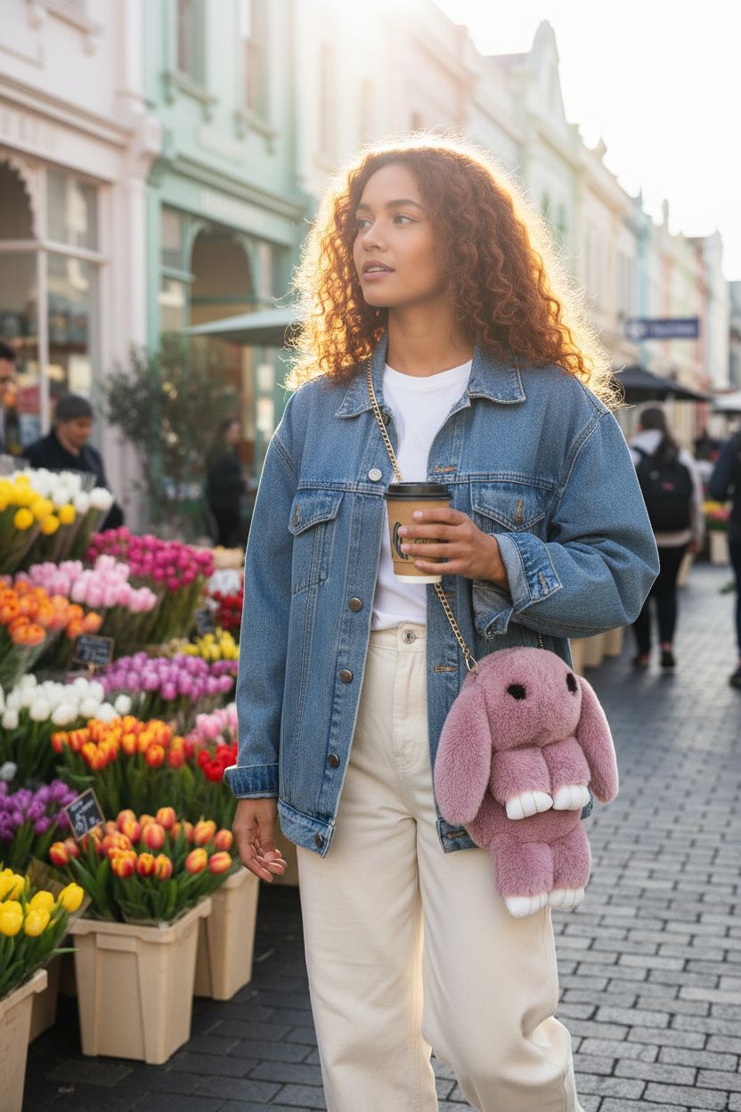 JIAHG plush pink bunny crossbody bag at a spring market, ideal for on-the-go style.