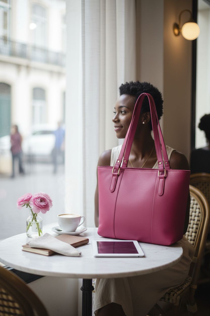 Pink leather tote by Oak Leathers on a marble table in a cozy café setting.