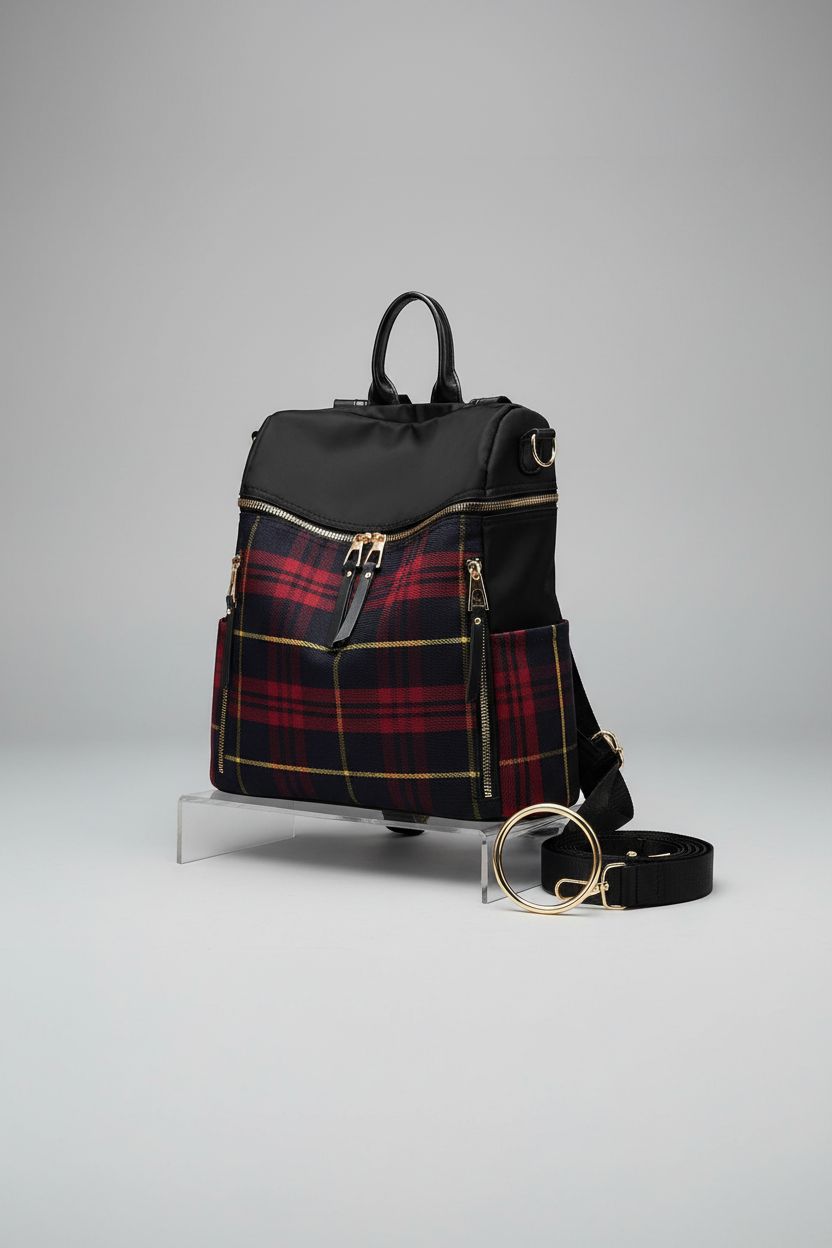Zhongningyifeng plaid purse displayed on a clean studio backdrop, showcasing its sleek design and high-quality nylon material.