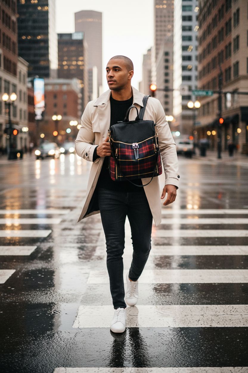 Zhongningyifeng plaid backpack purse in a rainy urban setting, showcasing stylish design and waterproof nylon material.