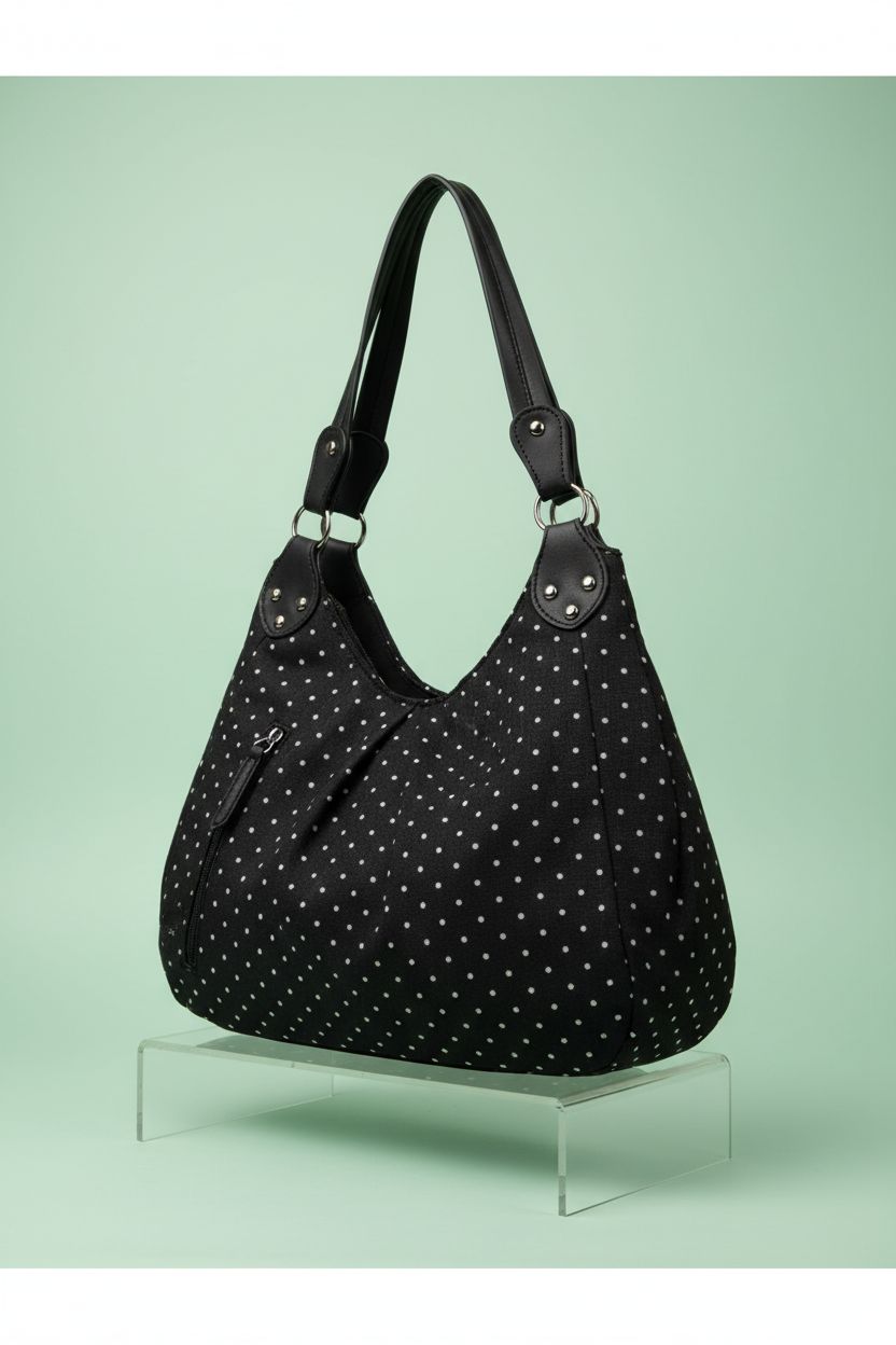 Close-up of Tarvione Polka Dot Tote Bag on a mint backdrop, highlighting its slouchy design and studs.
