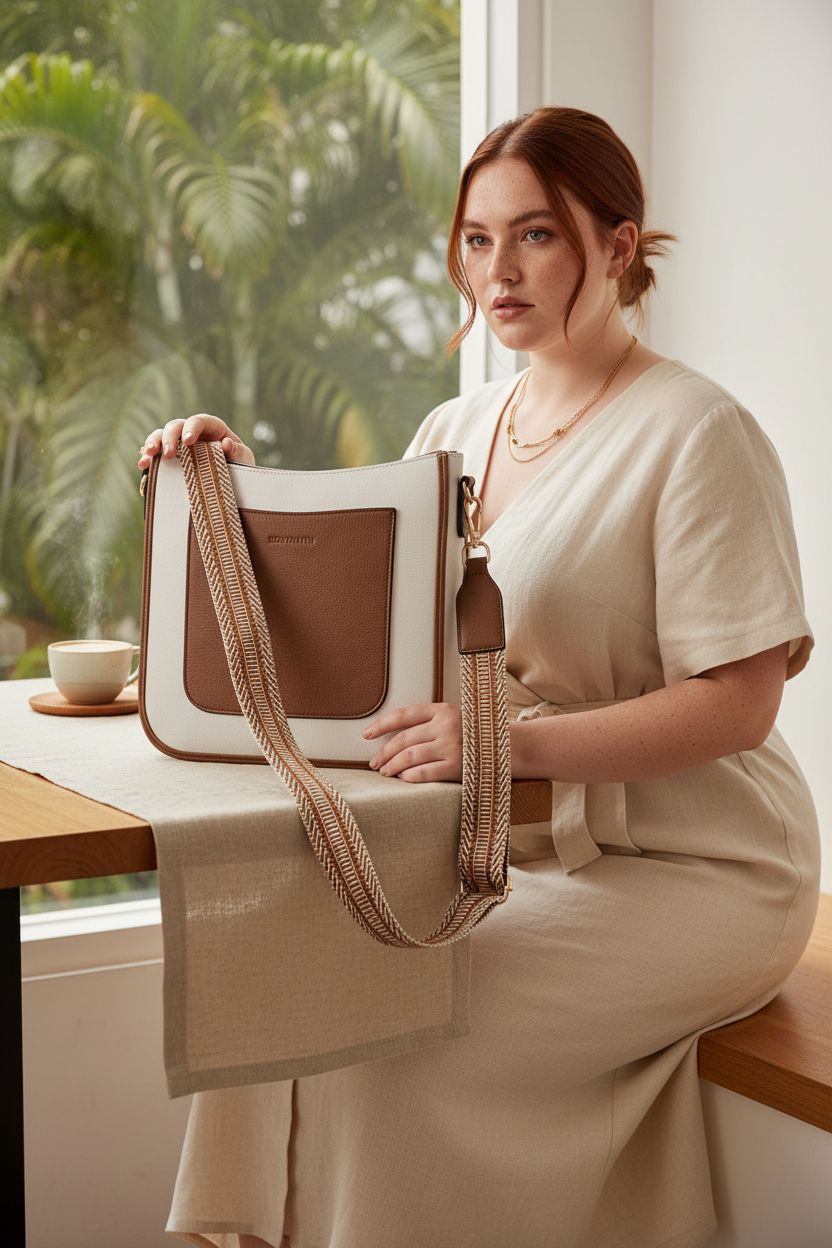 BOSTANTEN vegan leather handbag resting on a table in a cozy café setting