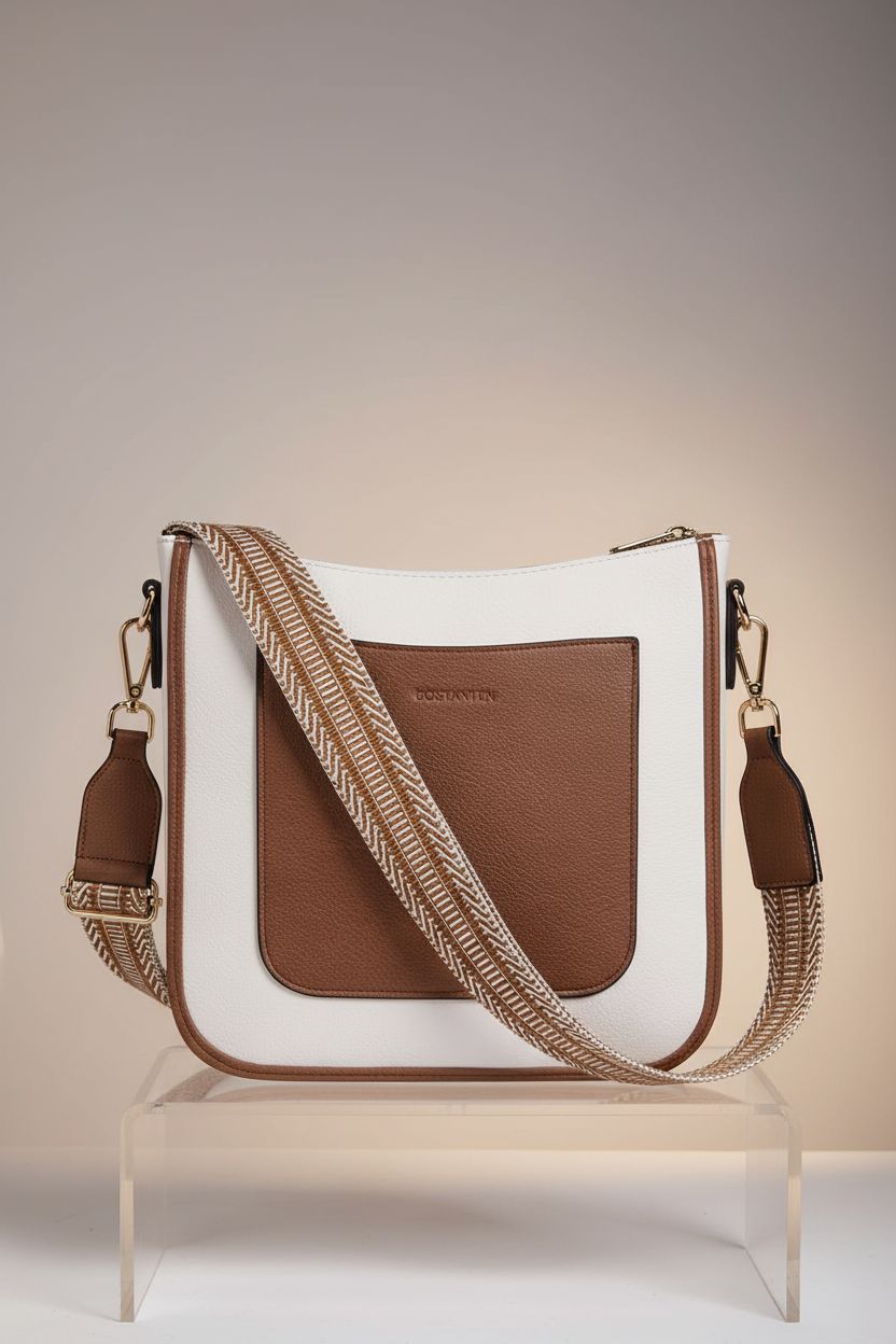 BOSTANTEN crossbody bag showcasing vegan leather and guitar strap on display