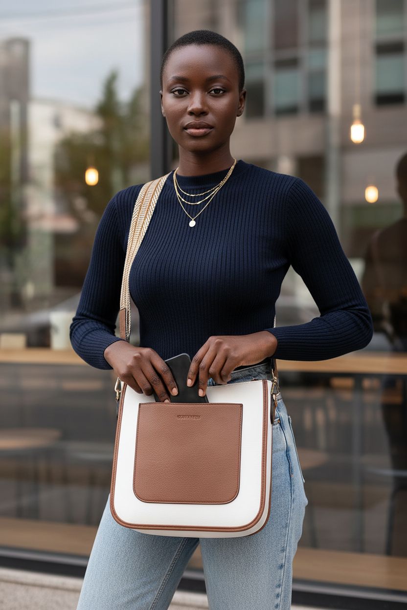 BOSTANTEN trendy vegan leather crossbody bag with adjustable strap in a café setting