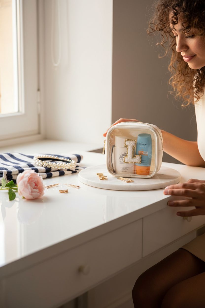 KOTORA preppy bag on a vanity with stylish accessories, enhancing beauty organization.
