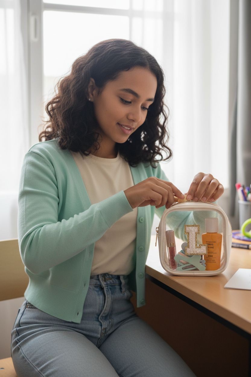 KOTORA preppy cosmetic bag in mint color filled with makeup essentials, perfect for travel.