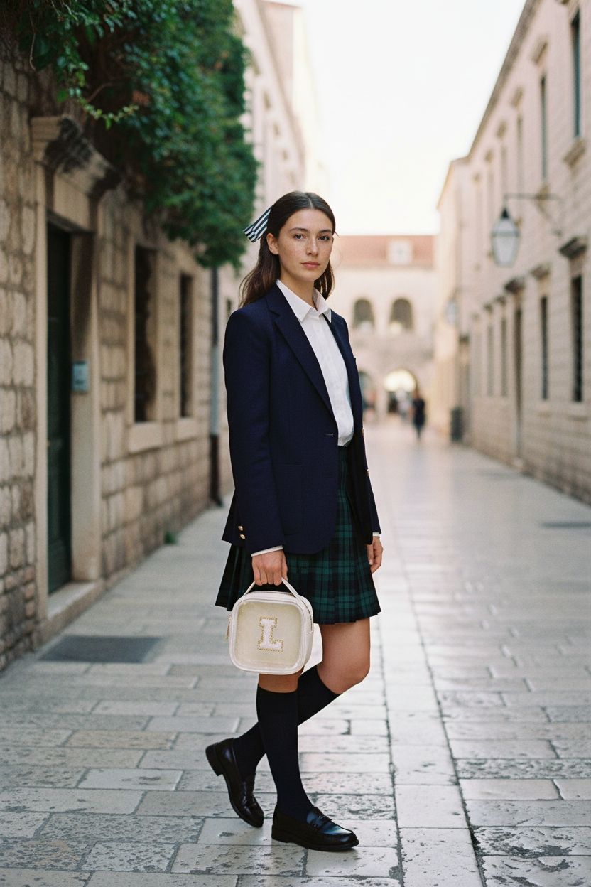 KOTORA cream cosmetic bag held outdoors, showcasing preppy style and elegant design.