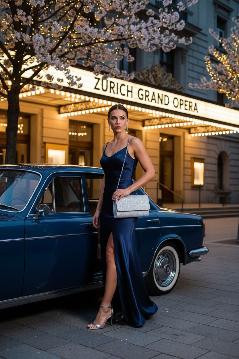 OSDUE silver glitter evening bag clutch stylishly illuminated outside a venue, perfect for prom.