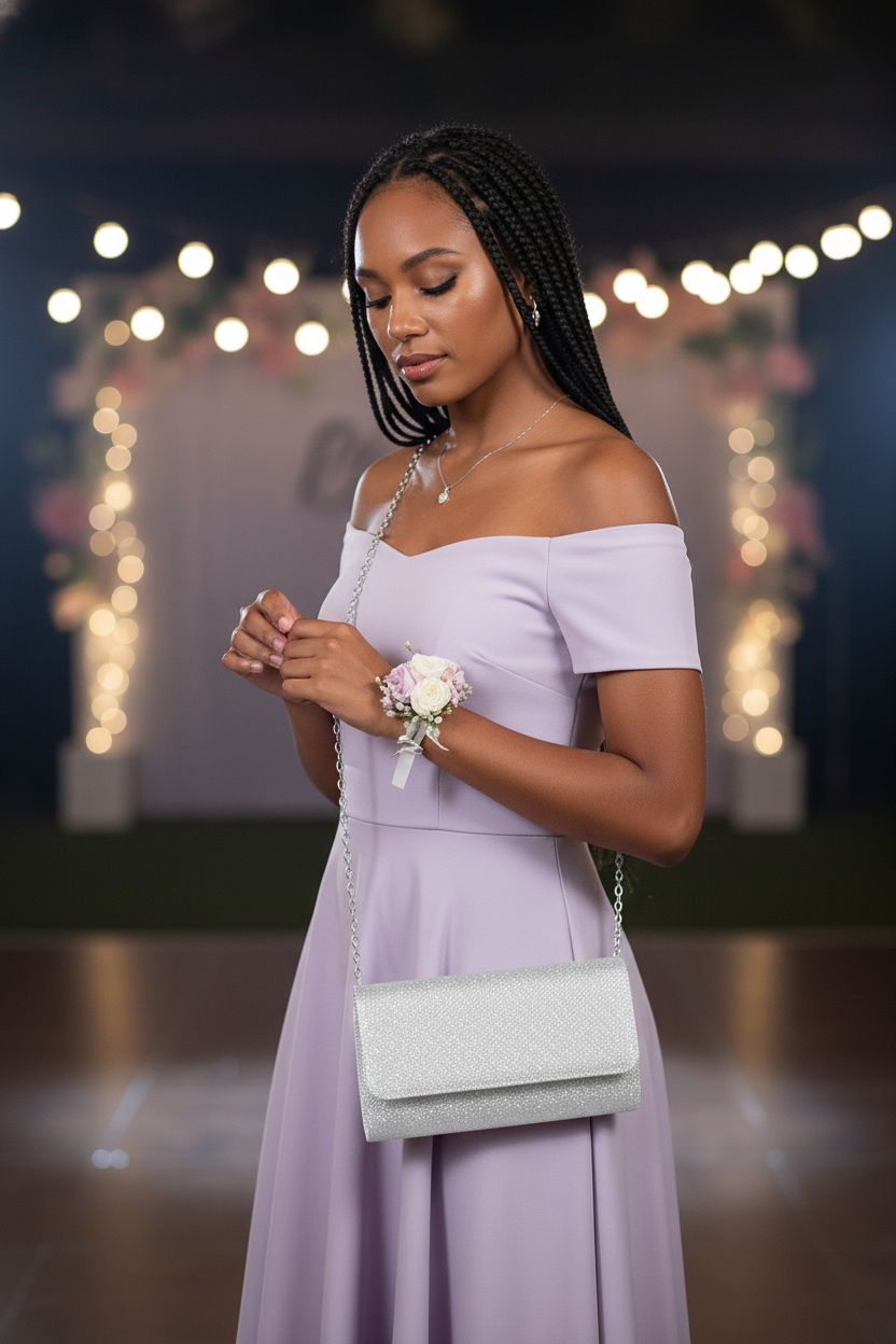 Glitter silver OSDUE evening clutch showcased against a dance floor backdrop, ideal for weddings.