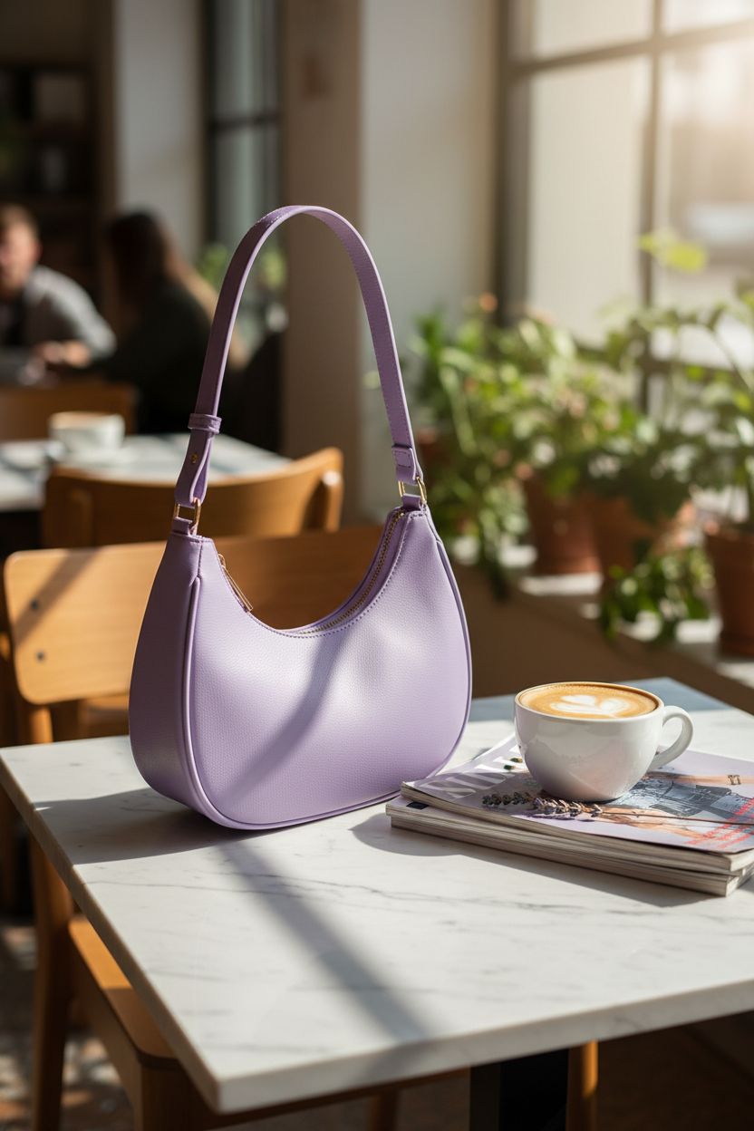 WSRYDJDL purple crescent bag resting on a marble table beside a latte and fashion magazines.