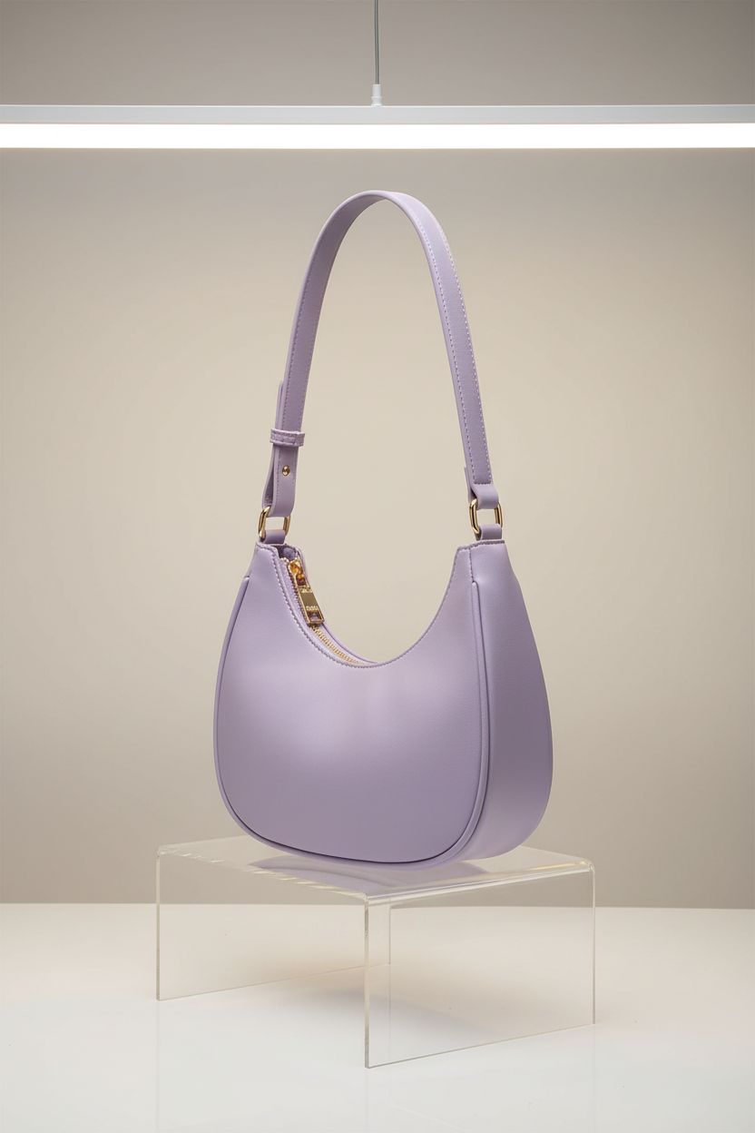 WSRYDJDL purple crescent bag on a studio backdrop, showcasing its sleek design and craftsmanship.