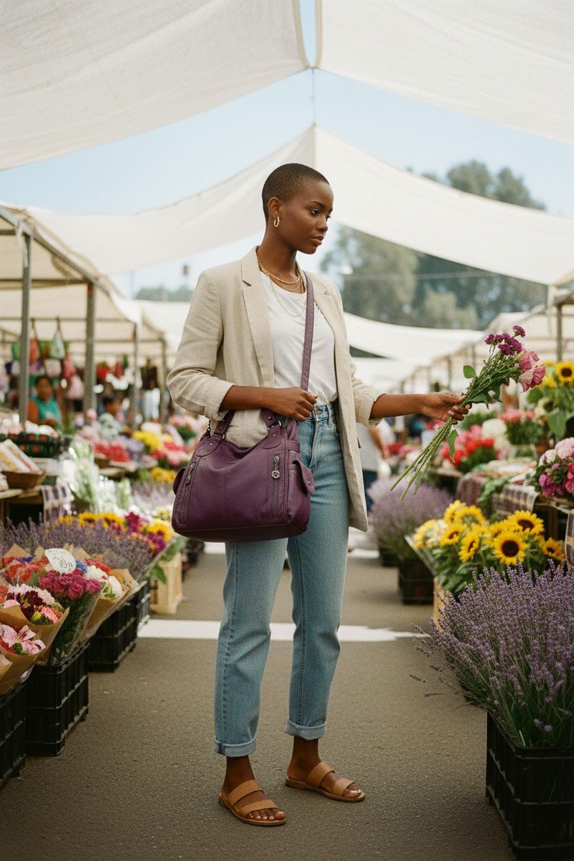 Purple hobo handbag by Angel Kiss worn crossbody at a farmers' market, showcasing its stylish design.