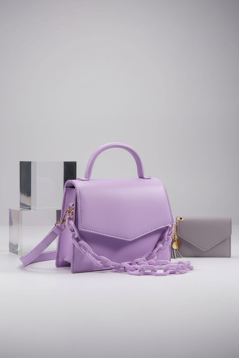 VZZNN purple purse showcasing detachable chain and card holder in studio