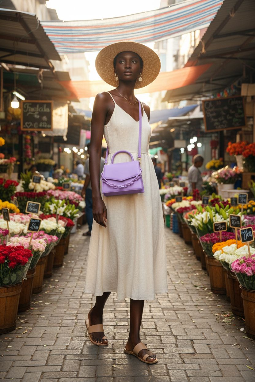 Trendy VZZNN purple purse worn crossbody in a vibrant flower market