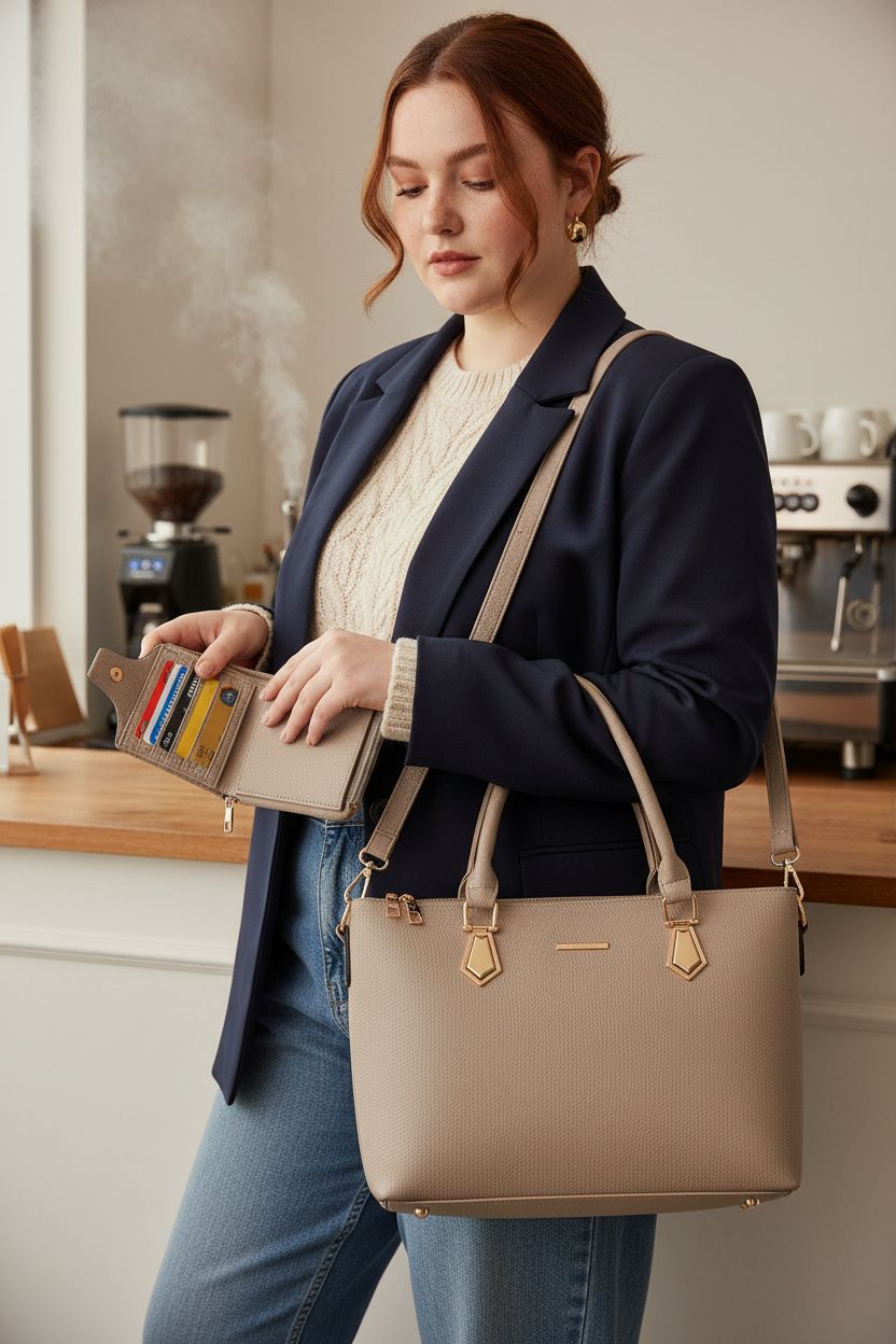 Chic OTMIPIML purse and wallet set showcased at a cozy café checkout with organized interior.