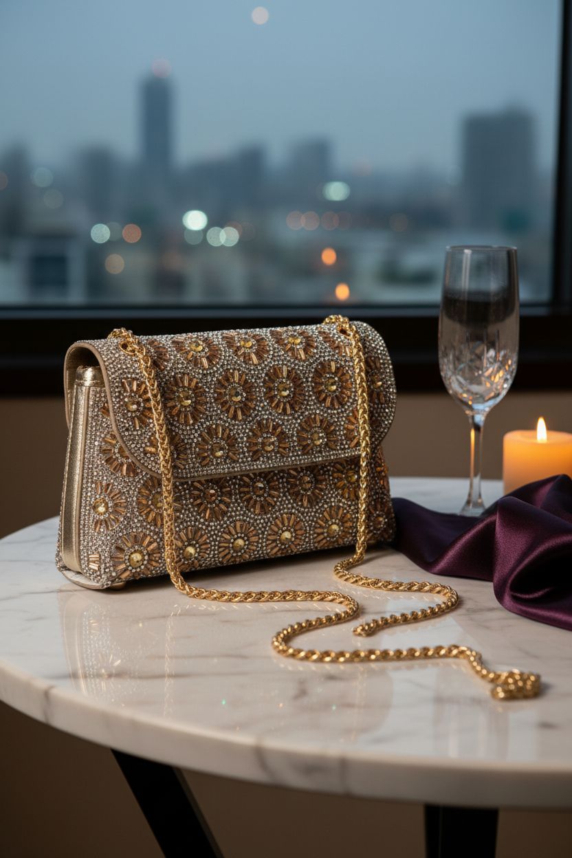 BBTT.ful champagne rhinestone bag resting elegantly on marble table, perfect for a sophisticated evening.
