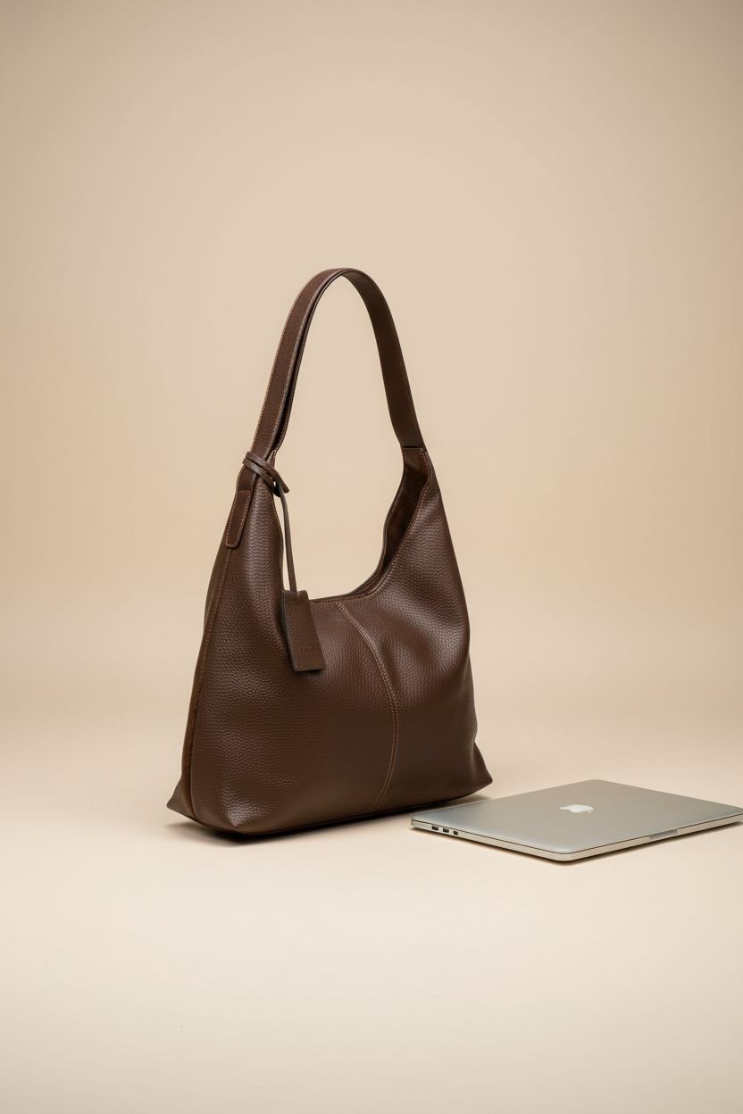 XKE-X brown tote bag showcasing suede and leather craftsmanship, with A4 folder and laptop for scale