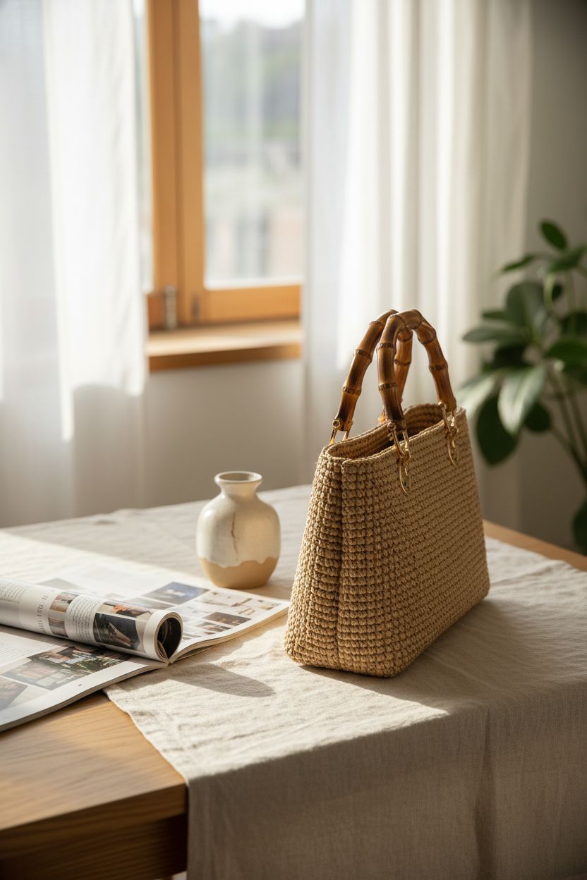 Cozy home setting with a straw handbag featuring Piutouyar bamboo handles by a sunlit window.