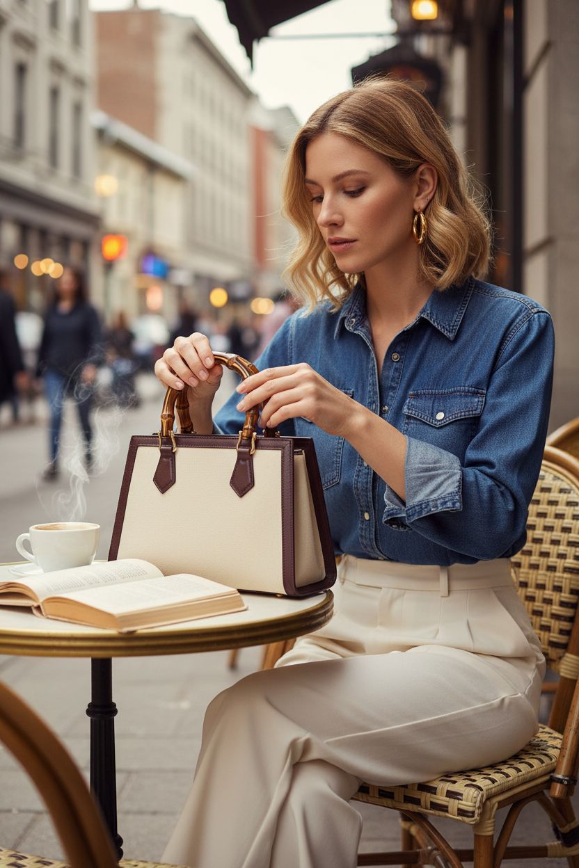 Structured handbag with Piutouyar bamboo-look handles on a cafe table, perfect for stylish outings.