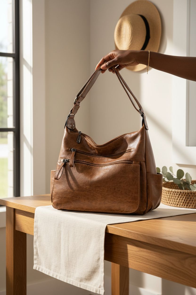 Artwell brown hobo bag on a console, emphasizing its soft leather and elegant design.