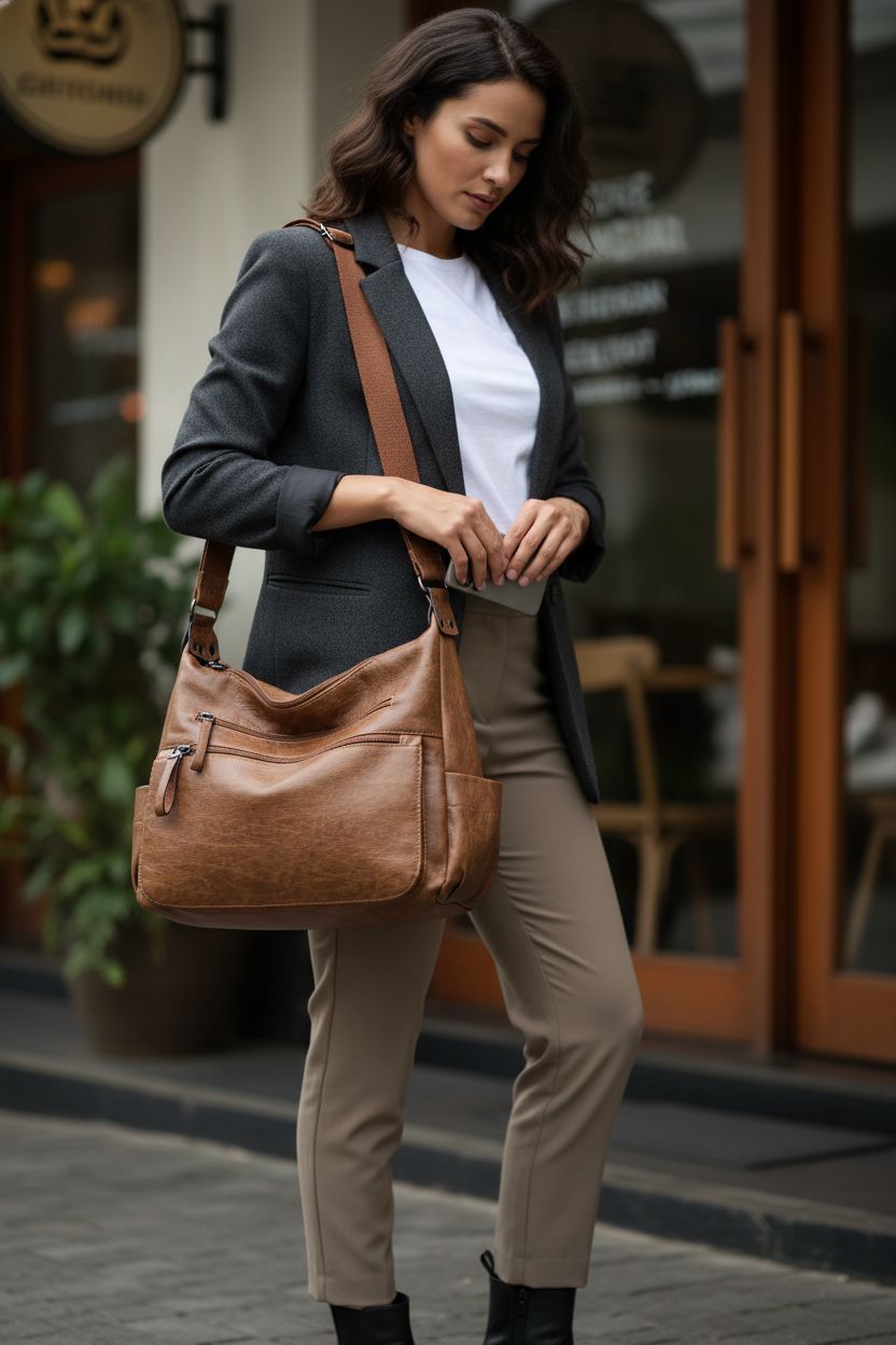 Artwell brown hobo bag over shoulder, showcasing soft PU leather and practical pockets.