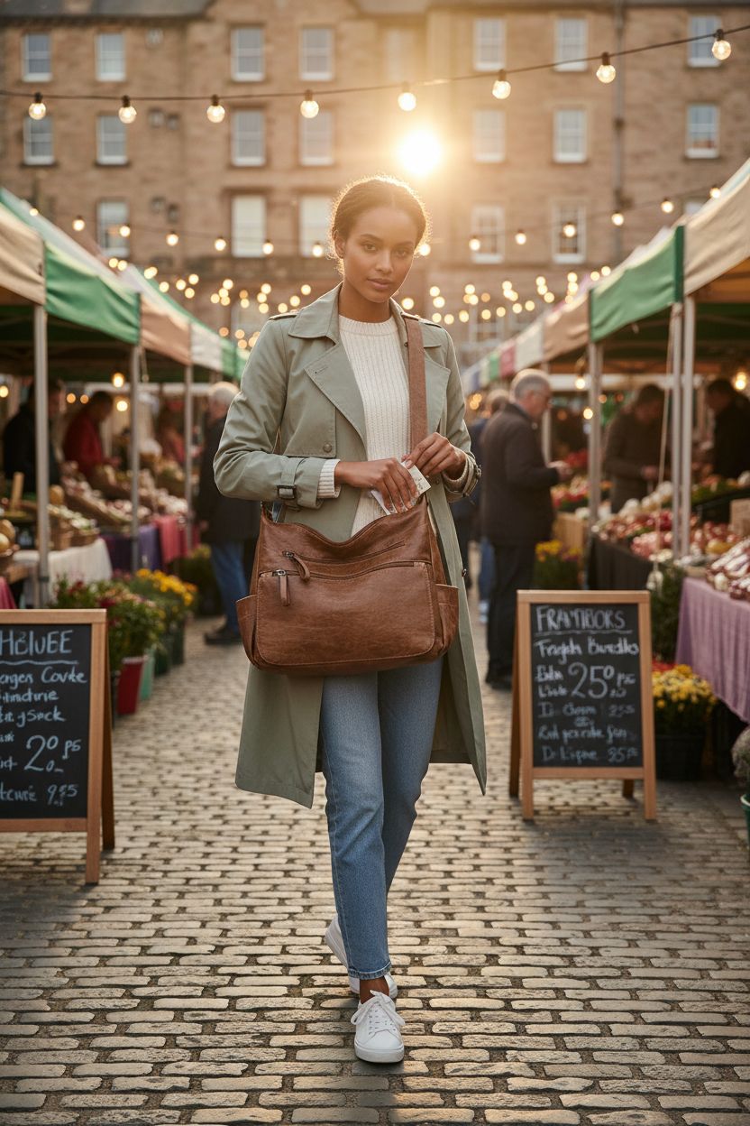 Artwell brown crossbody bag at a bustling market, highlighting its stylish design and usability.