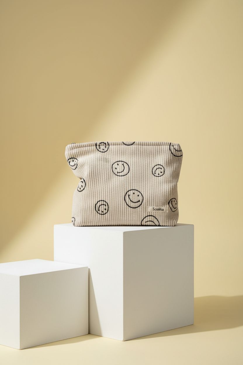Gardsell beige corduroy smiley pouch showcased on a bright backdrop