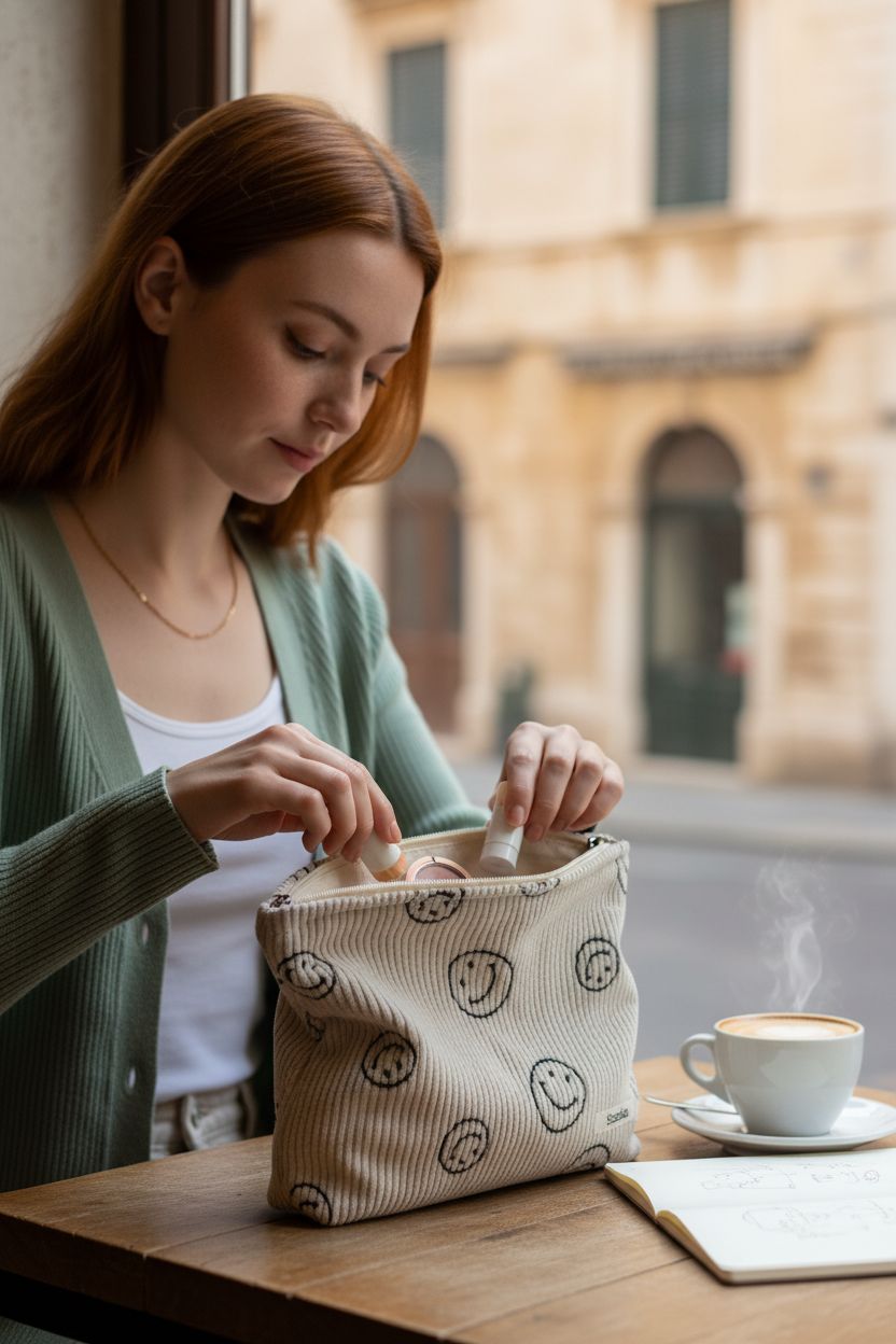 Beige corduroy cosmetic bag by Gardsell on a café table with makeup items