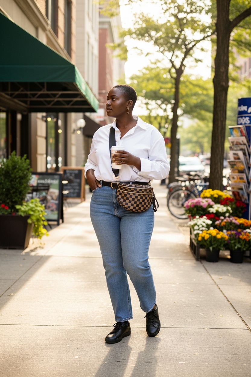 Khaki and black checkered crossbody bag from FEIBOON, stylishly worn while on the go.