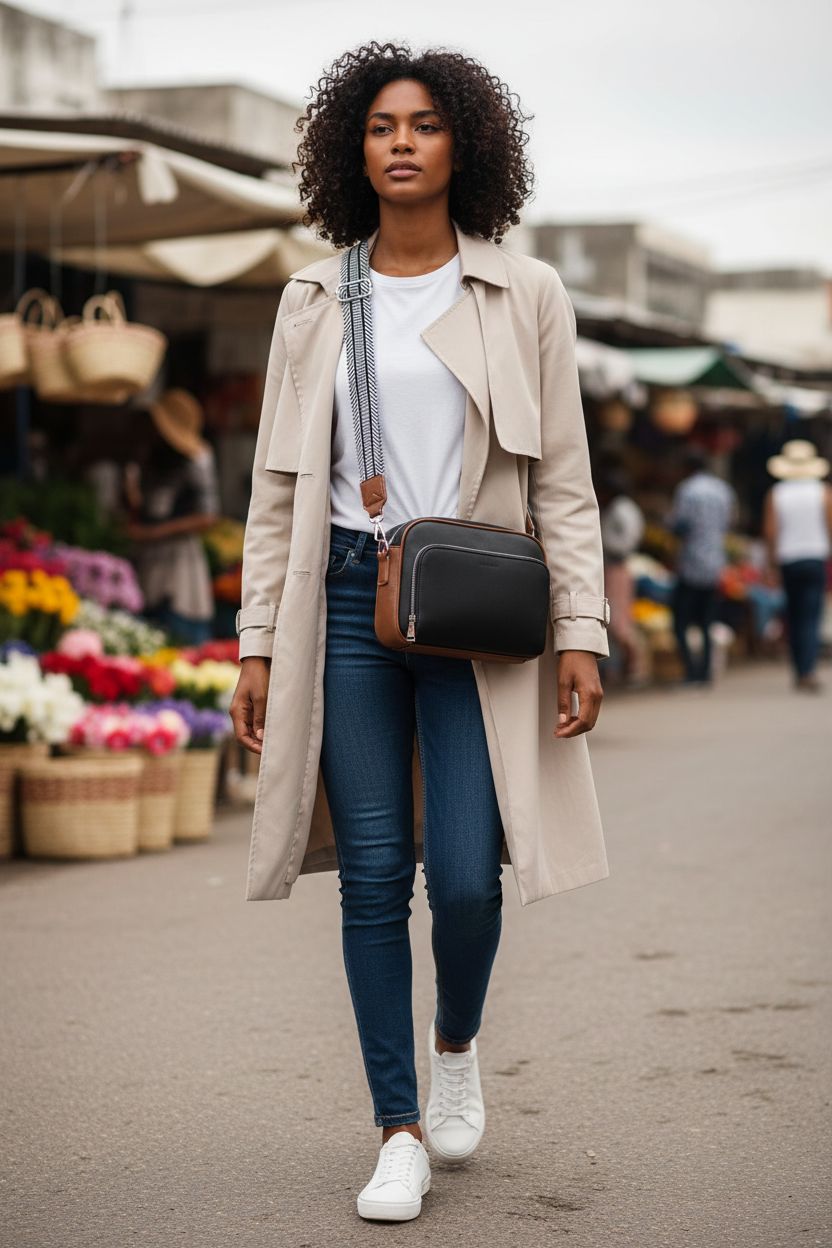 Lexiyat crossbody purse in black with built-in wallet and guitar strap at a market