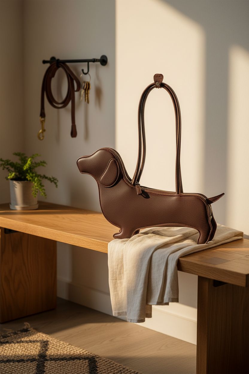 Warm vignette featuring a dachshund bag on an oak bench, highlighting its elegant PU leather texture.