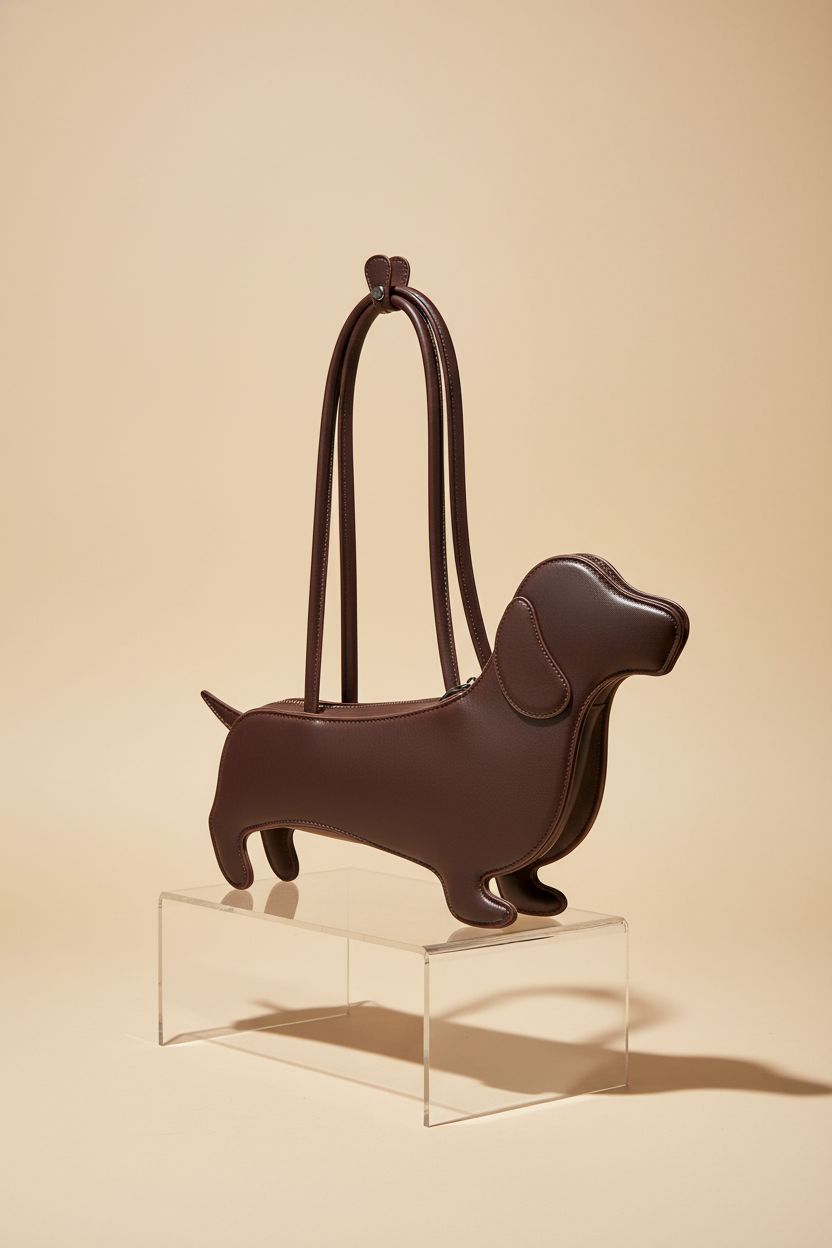 Close-up of Dansydaisy dachshund bag on an acrylic riser, showcasing its detailed stitching and hardware.