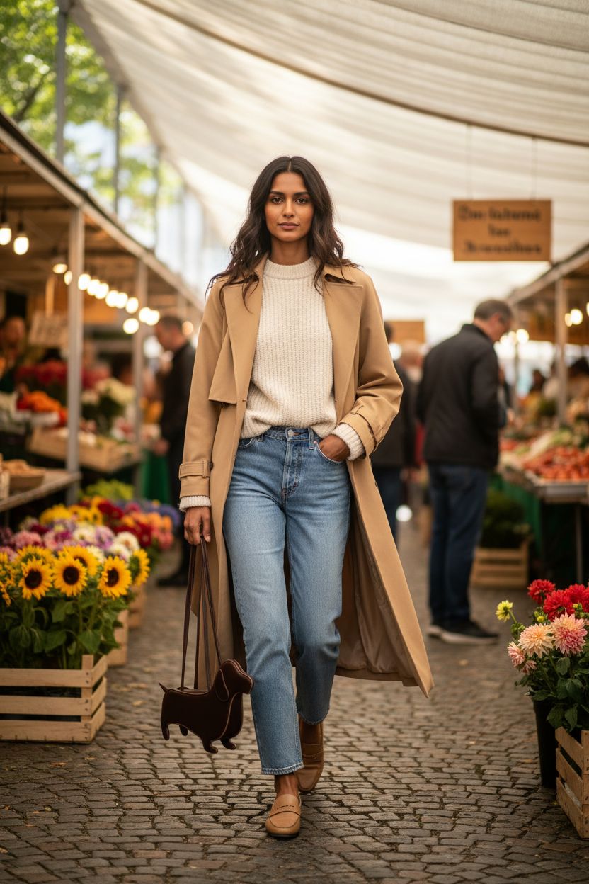 Dansydaisy dachshund-shaped bag swinging at hip level while strolling through a vibrant farmers' market.