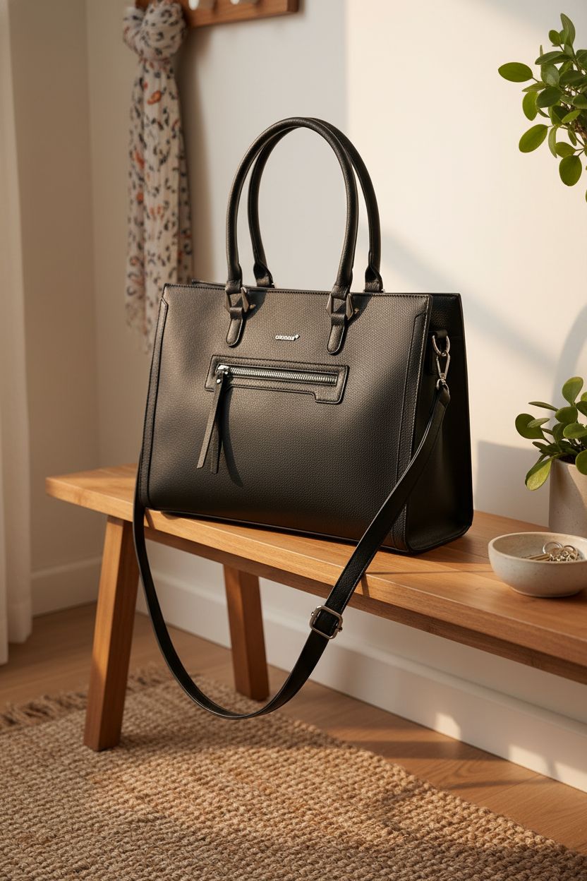 TANTOMI black handbag resting on a wooden bench in a cozy apartment, ideal for everyday essentials.