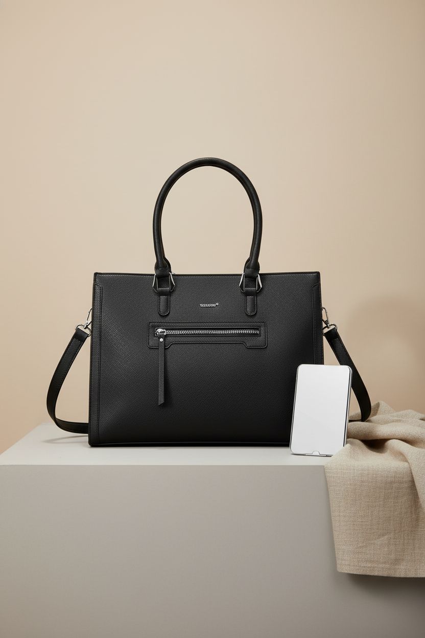 TANTOMI black structured purse on a light backdrop, highlighting its quality leather and stylish design.