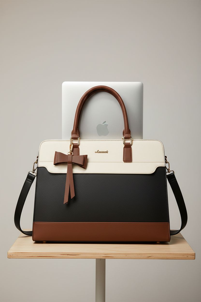 LOVEVOOK laptop tote bag featured in a studio setting, emphasizing its sleek design and premium materials.