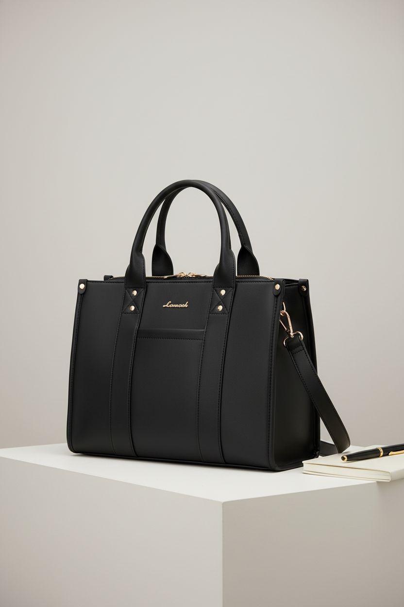 LOVEVOOK black tote bag showcasing fine details like stitching and polished hardware.