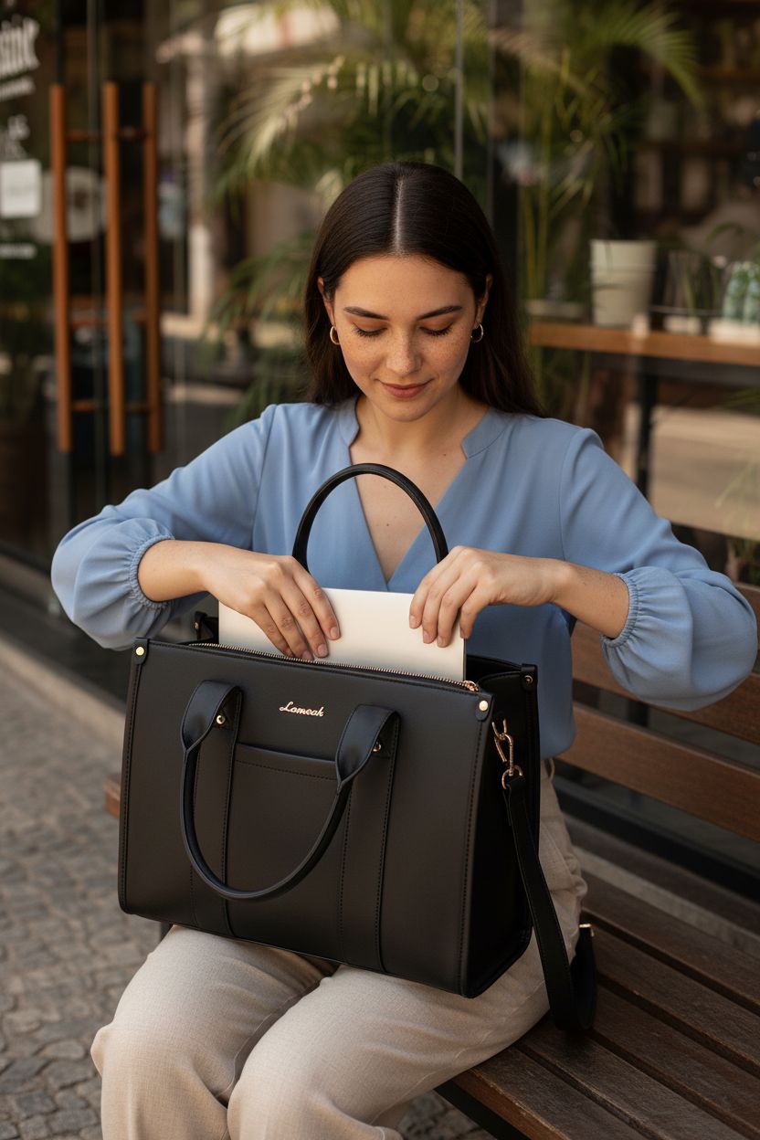 LOVEVOOK black leather tote bag on a bench outside a café, stylish and functional.