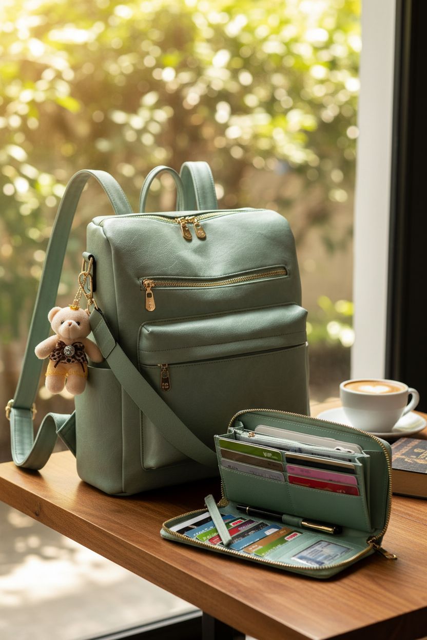 Soperwillton mint backpack purse and matching wallet displayed on a sunlit café table, perfect for leisure.