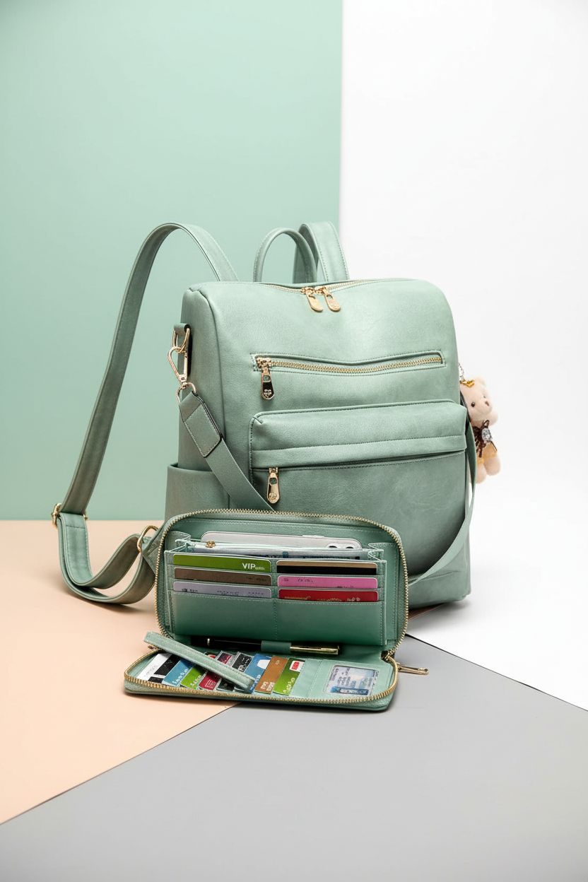 Soperwillton mint backpack and matching wallet on a clean backdrop, highlighting vegan leather quality and design.