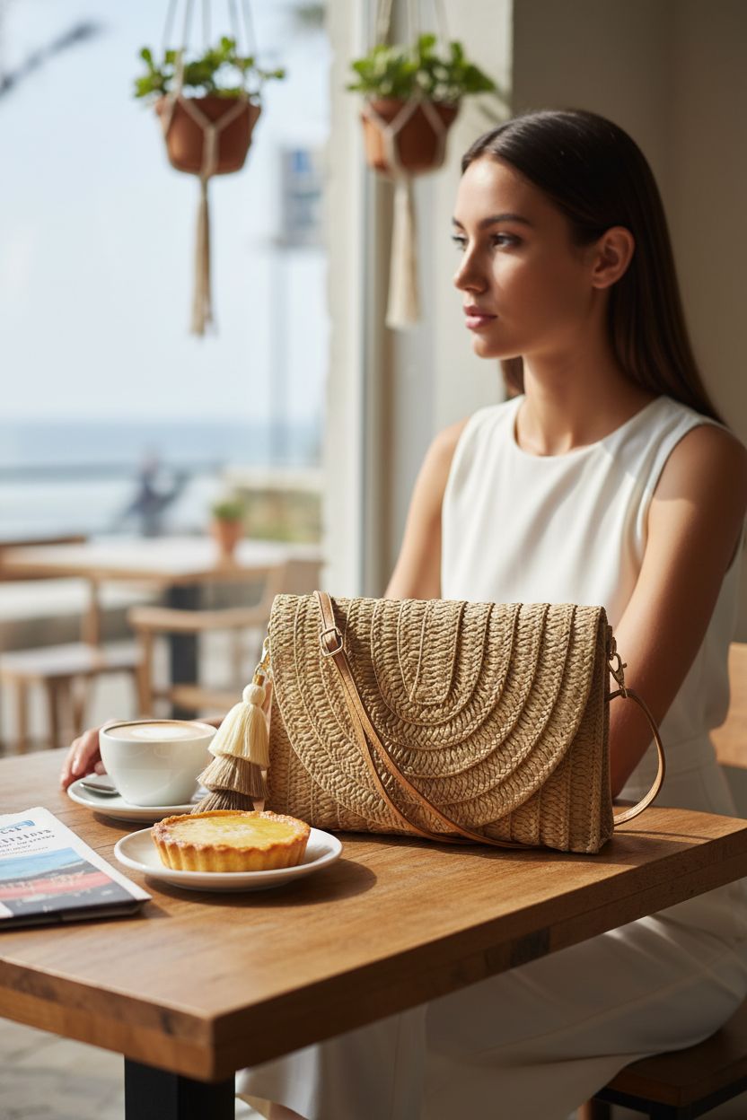 Aovtero straw envelope handbag on a café table, setting a cozy and relaxed summer vibe.