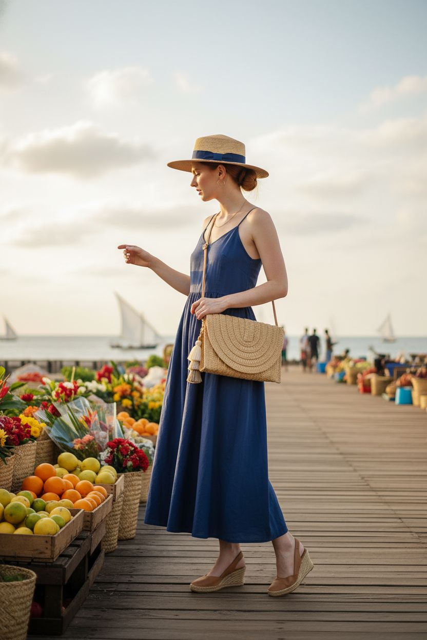 Aovtero straw crossbody bag in a seaside market, perfect for beach and casual summer wear.